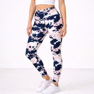 Dyce Active Womens High Rise Leggings Navy Pink Abstract Ink Blot Print Size S